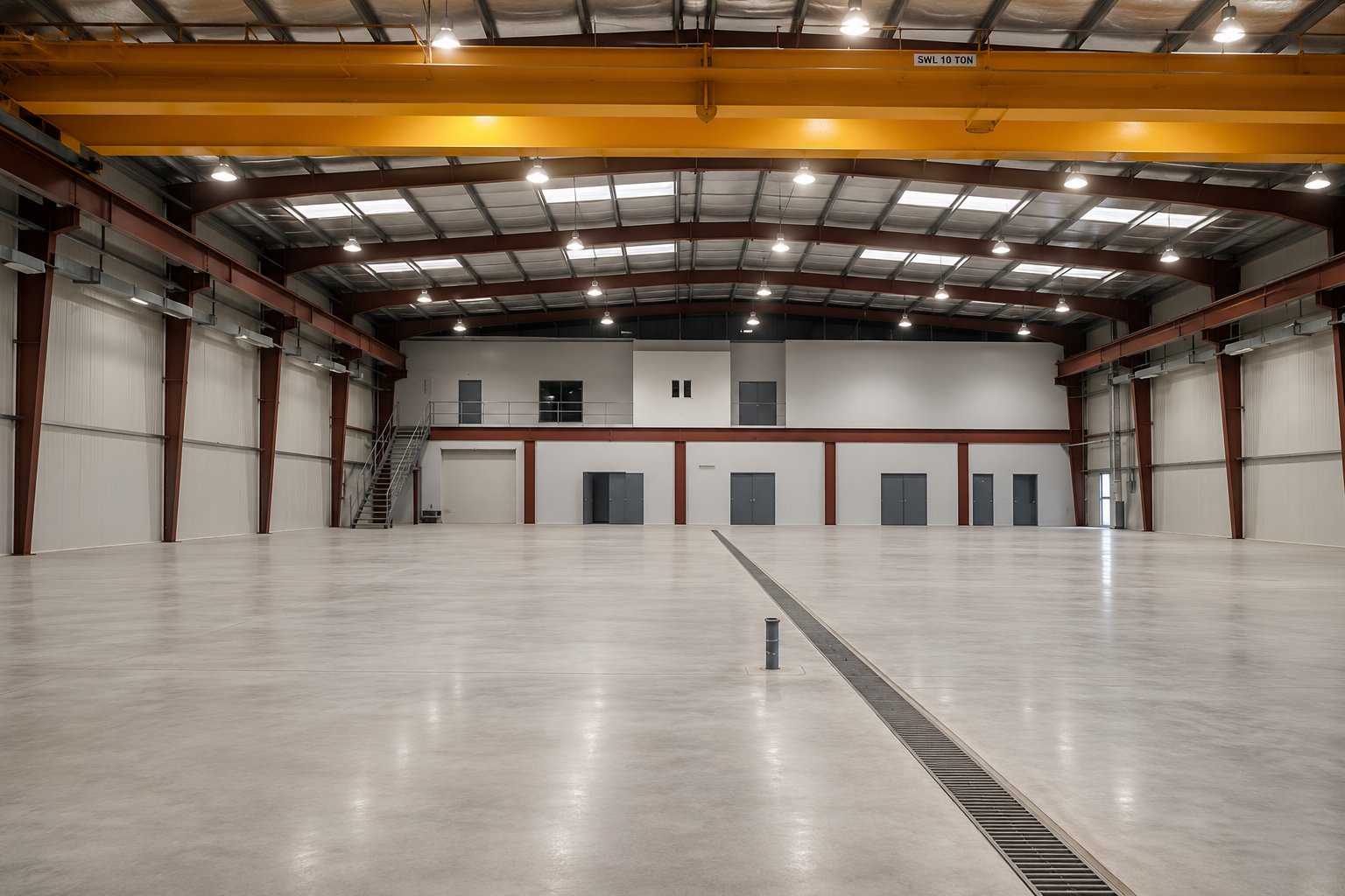 Workshop interior with the ten-tonne overhead travelling crane on red steel portal frames