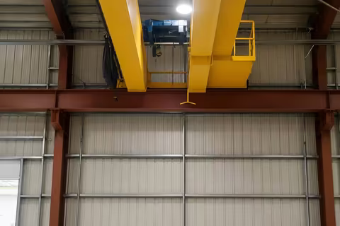 The ten-tonne overhead crane and hoist on the steel runway beams