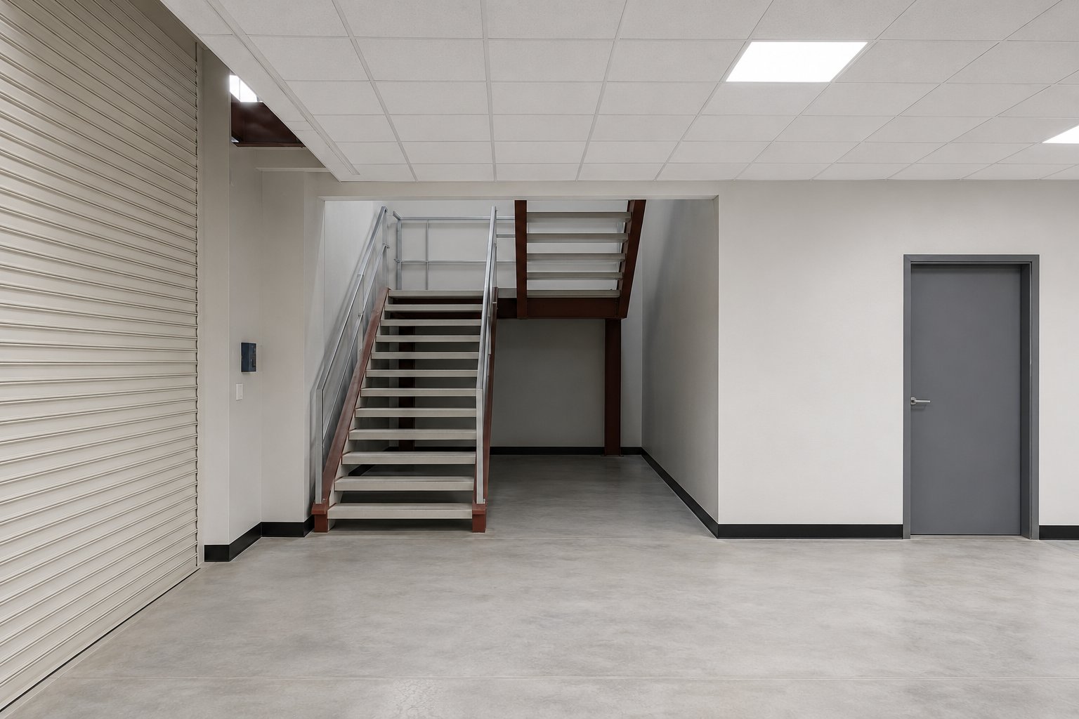 Fitted-out lobby with the steel staircase up to the mezzanine