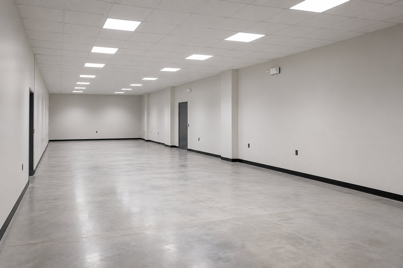 Finished office fitted with a suspended ceiling and LED panel lighting